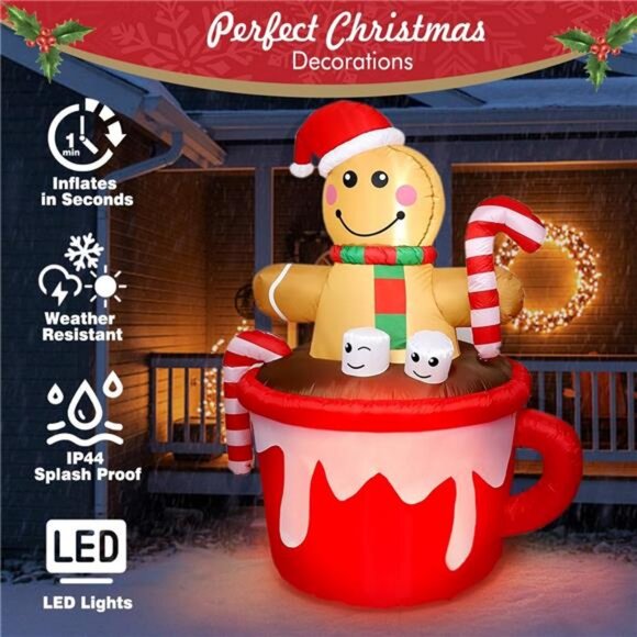 5FT Christmas Inflatable Outdoor Decoration, Gingerbread Man in Coffee Mug Blow - Picture 3 of 8
